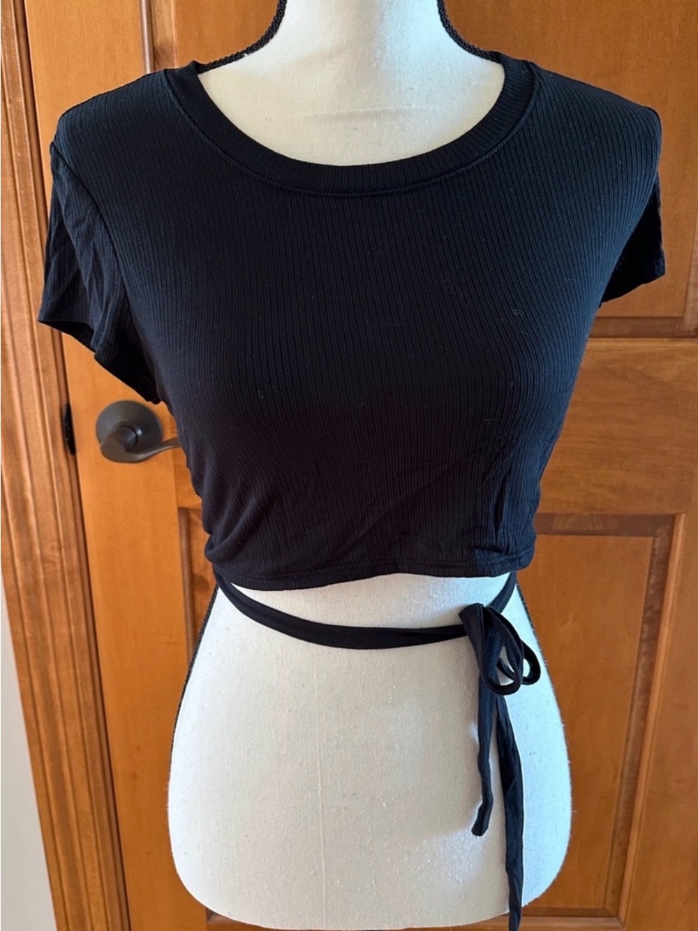 OFFLINE by Aerie Black Ribbed Open Back Wrap Waist Crop Top S
